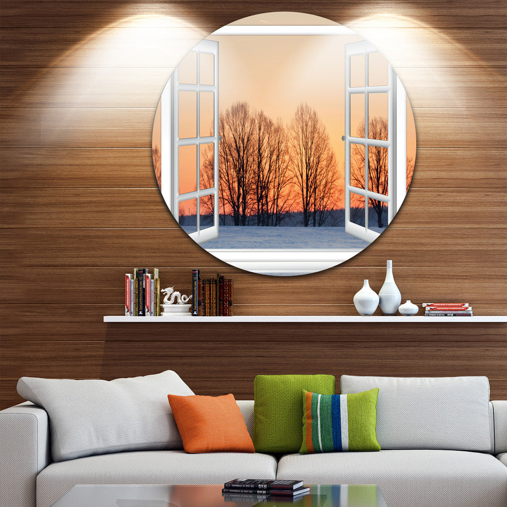 Open Window To Snowy Sunset, Landscape Large Disc Metal Wall Art, 23"