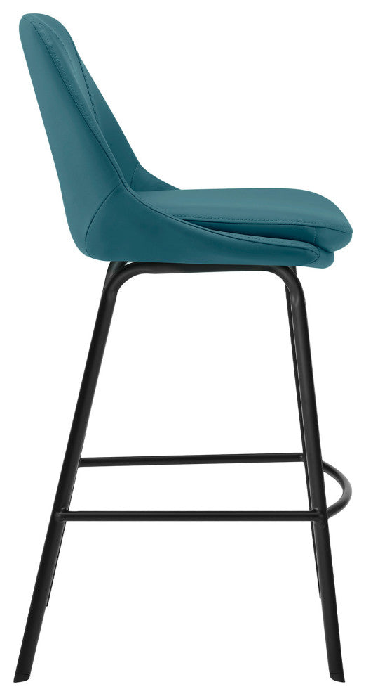 26" Elegant Blue Faux Leather and Black Metal Armless Swivel Counter Stool