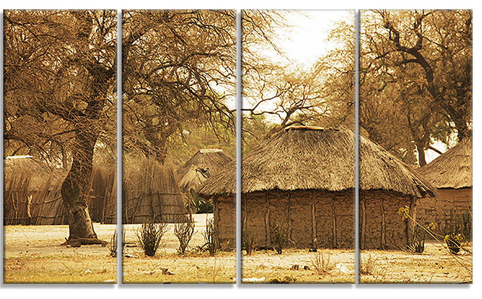Beautiful Rural African Huts, Oversized Landscape Canvas Art, 48"x28", 4 Panels
