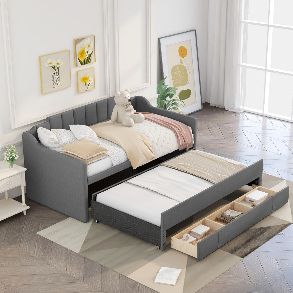 Gewnee Twin Size Upholstered Daybed with Trundle and Three Drawers in Grey