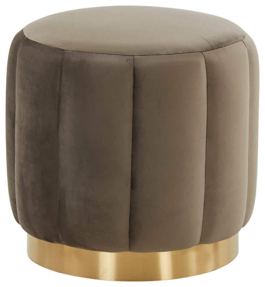 LeisureMod Franklin 19" Round Velvet Ottoman With Gold Base, Dark Grey