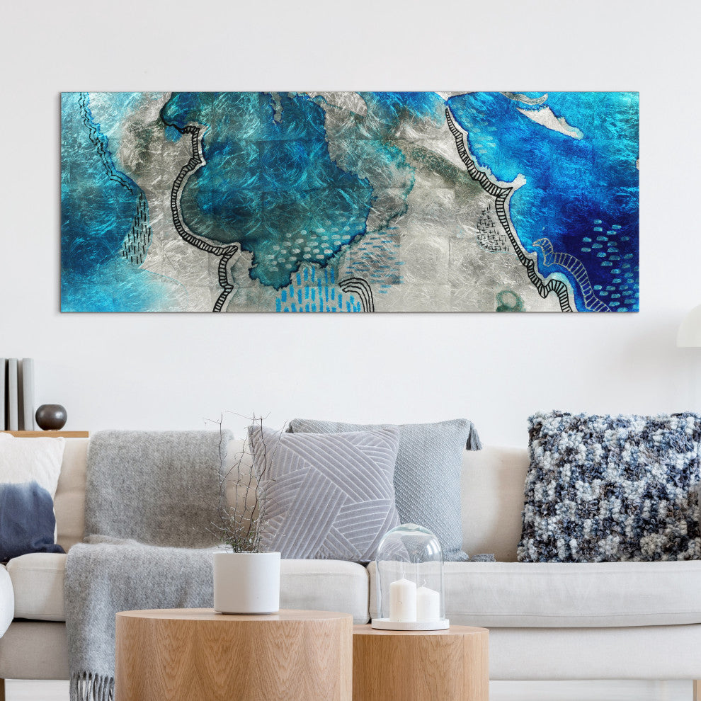"Subtle Blues B" Abstract Wall Art Reverse Print Tempered Glass With Silver Leaf