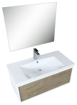 Scopi 36 Rustic Vanity, Acrylic Top With Sink, Gun Metal Faucet Set, 28 Mirror