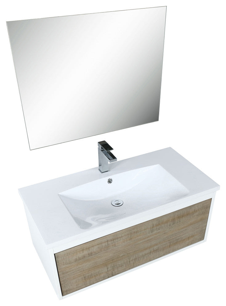 Scopi 36 Rustic Vanity, Acrylic Top With Sink, Gun Metal Faucet Set, 28 Mirror