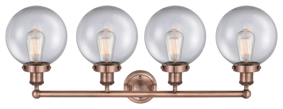 Large Beacon 4-Light 34" Bath Vanity Light, Antique Copper Finish, Clear Shade