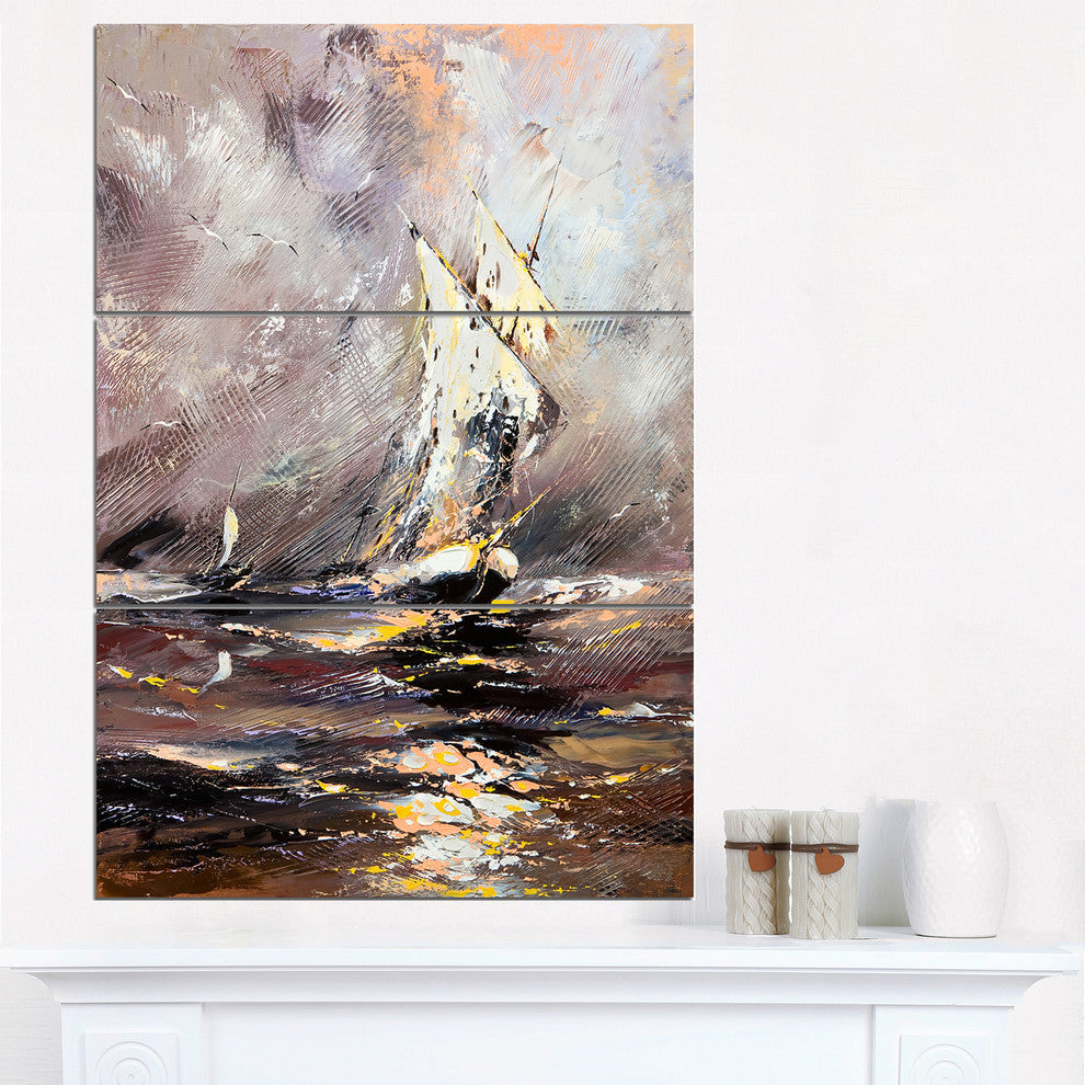 "Vessel in Stormy Sea" Painting Metal Wall Art, 3 Panels, 28"x36"