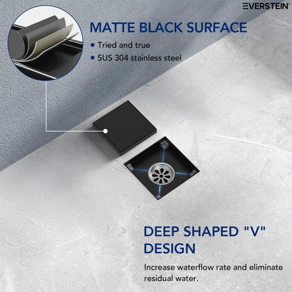 4"x4" Stainless Steel Square Shower Drain With Drain Cover, Matte Black