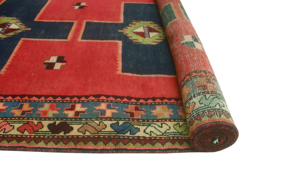 Fine Vintage Distressed Fawad Red/Navy Runner, 3'9x10'4