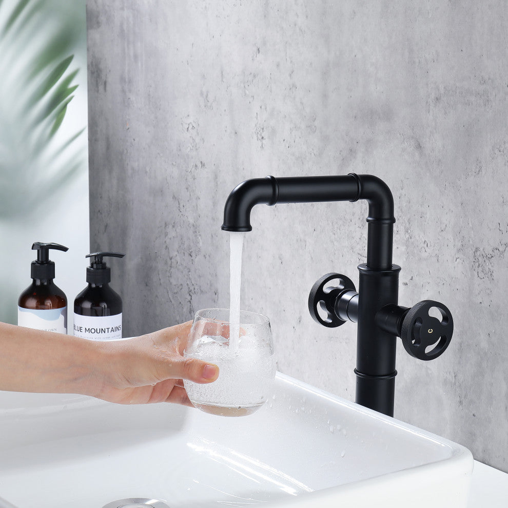 Deck Mounted Dual Handles Bathroom Vessel Sink Faucet, Matte Black