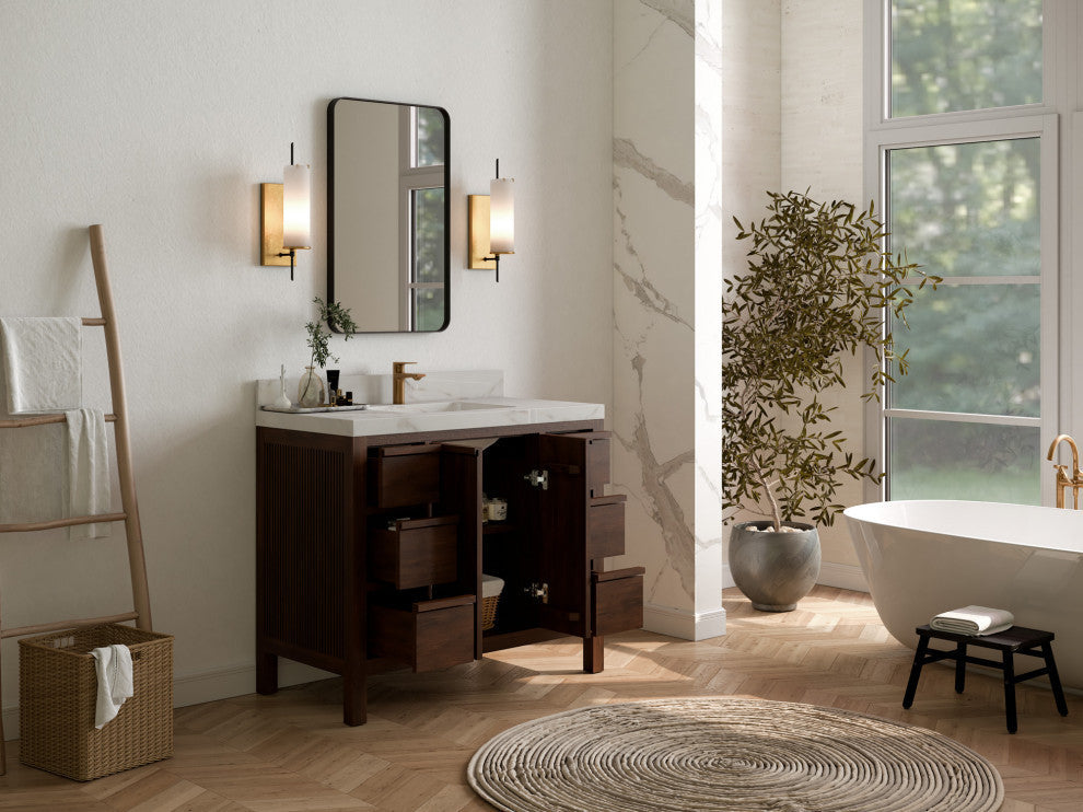Elizabeth 42 Single Sink Bath Vanity in Dark Walnut Teak 2" Carrara Quartz