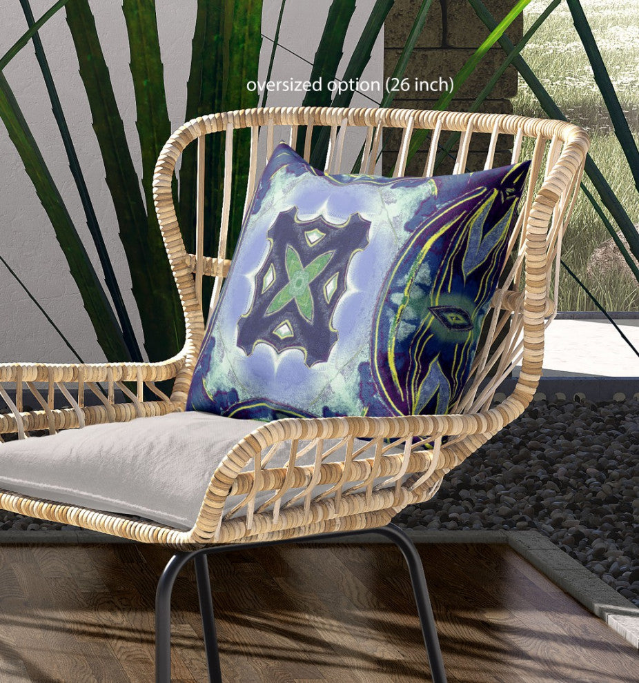 26" Blue Green Geo Tribal Indoor Outdoor Throw Pillow