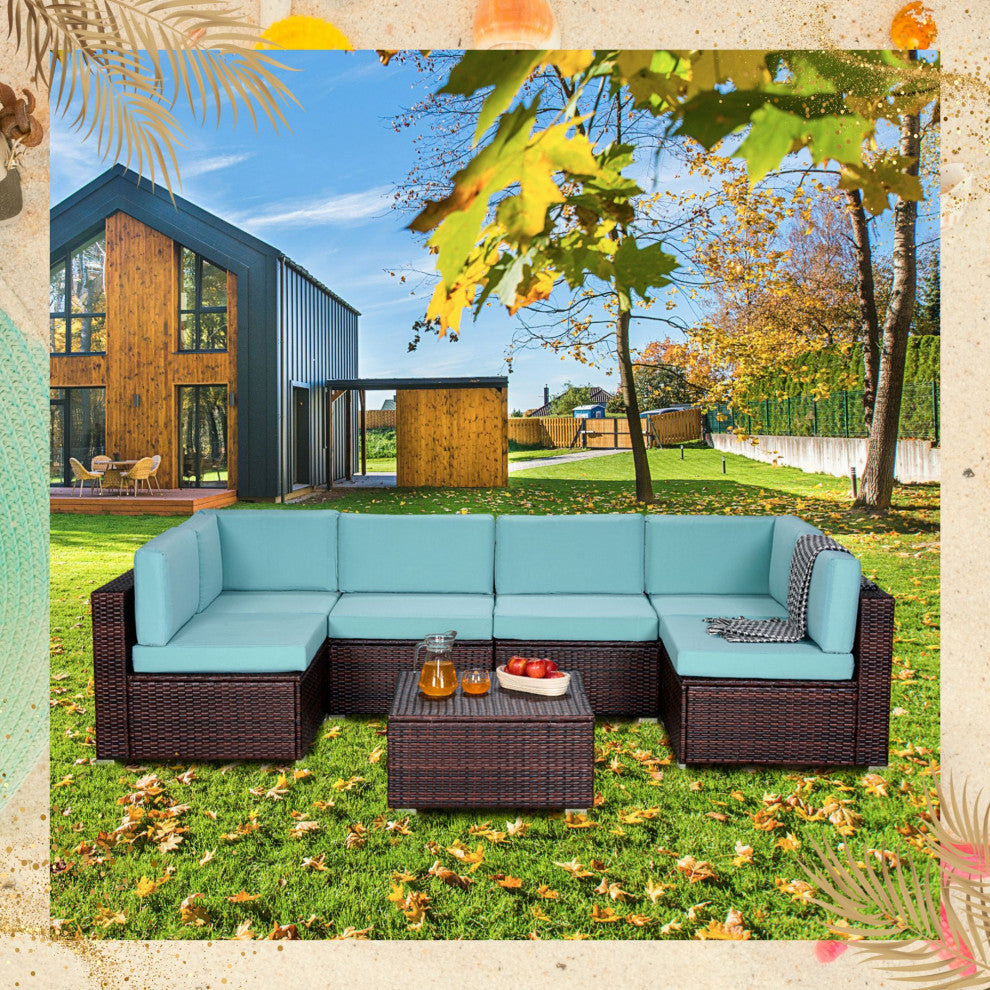 7-Piece Outdoor Wicker U-Shaped Patio Sofa Set with Table and Cushions, Teal Blue+brown