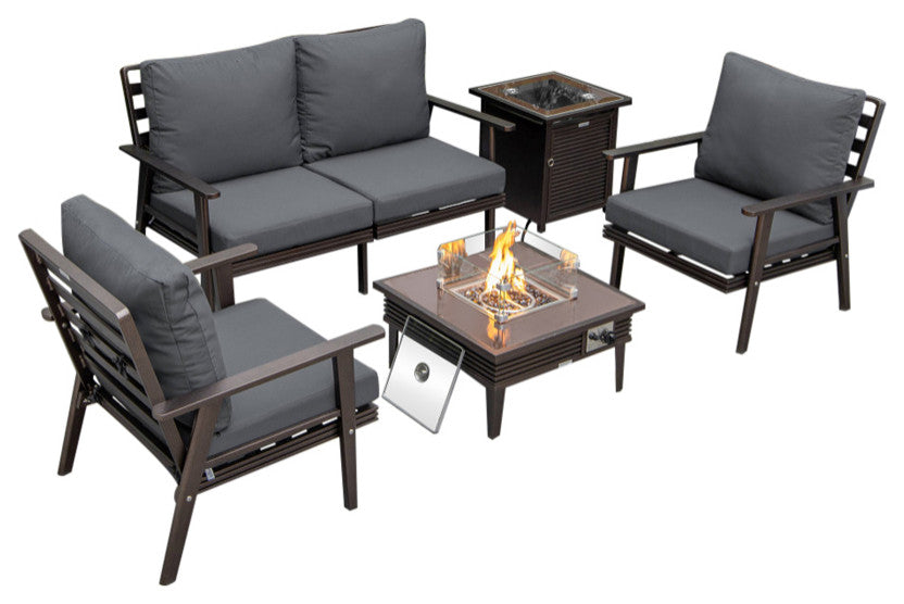 LeisureMod Walbrooke Patio Conversation Set With Fire Pit Table, Charcoal