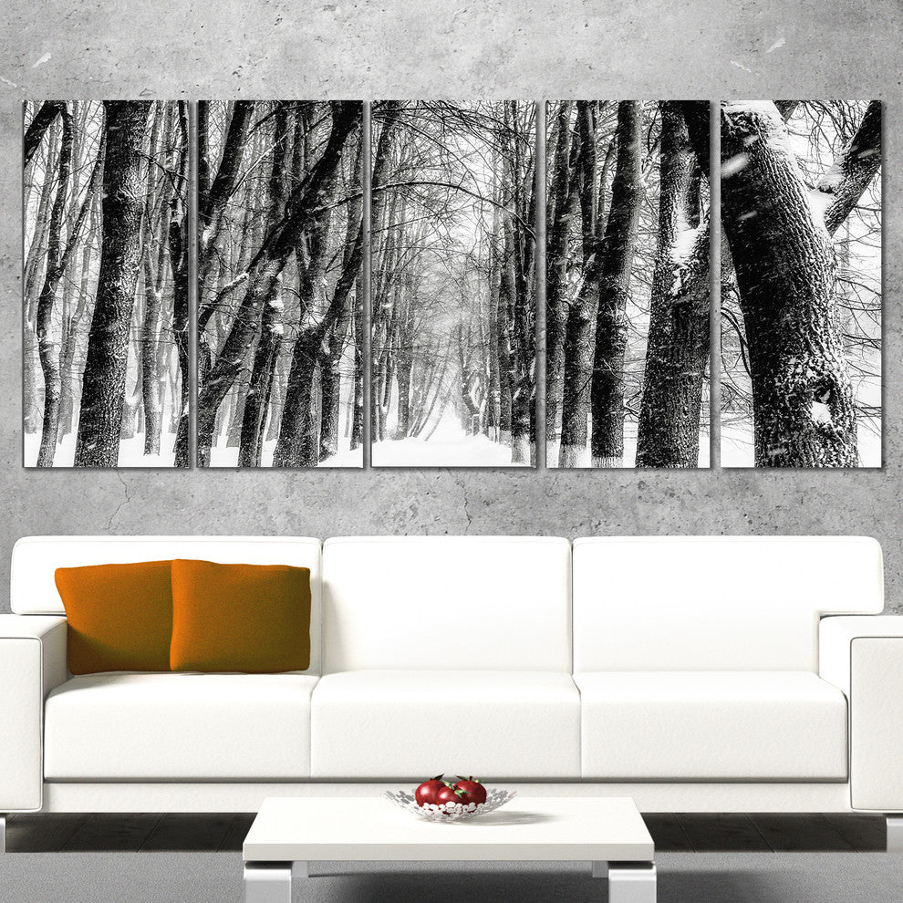 Snowy Forest Black and White, Modern Forest Canvas Art, 60"x28", 5 Panels