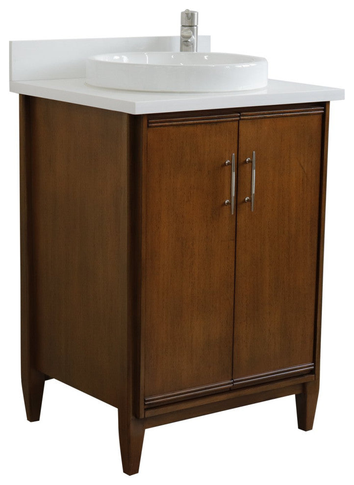 25" Single Sink Vanity, Walnut Finish, White Engineered Stone Top and Round Sink
