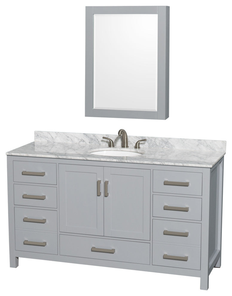 Wyndham WCS141460SGYCMUNOMED 60" Vanity in Gray + Carrera Marble and Round Sink