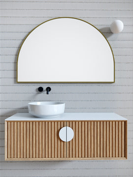 48" W X 32" H Arch Shape Stainless Steel Framed Mirror, Satin Brass