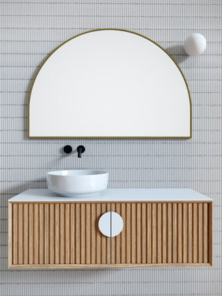 48" W X 32" H Arch Shape Stainless Steel Framed Mirror, Satin Brass