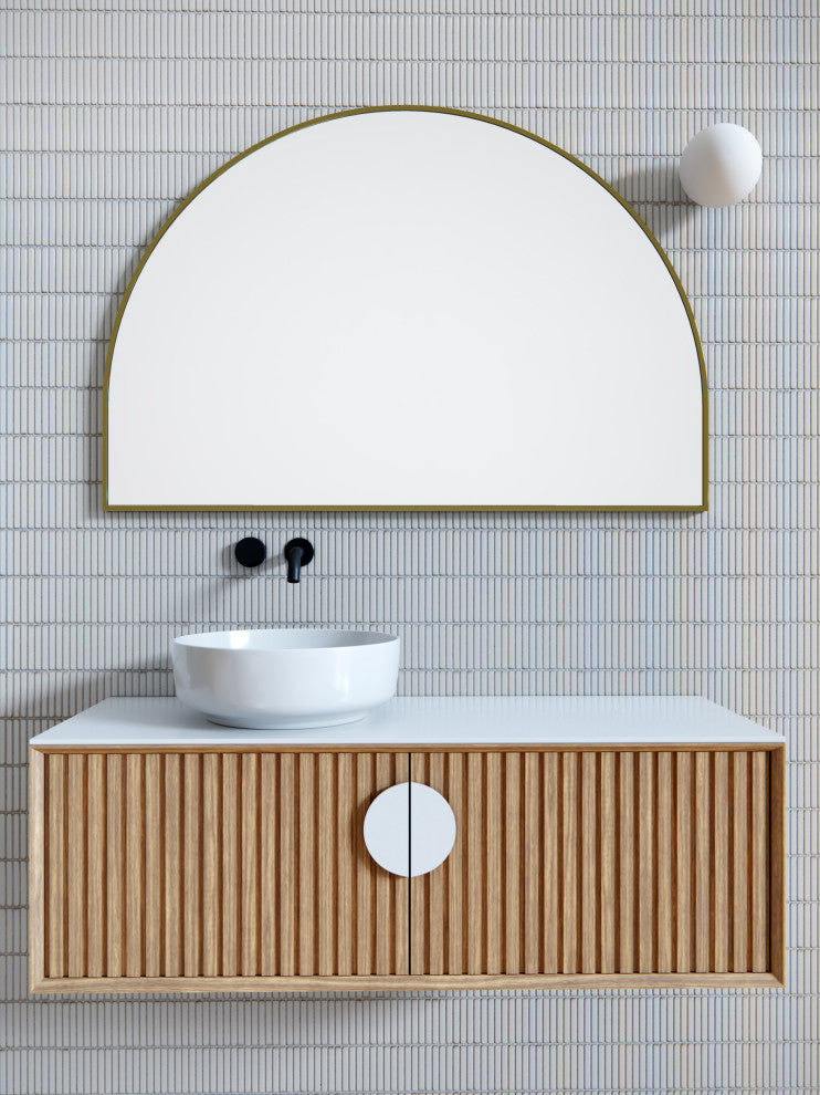 48" W X 32" H Arch Shape Stainless Steel Framed Mirror, Satin Brass