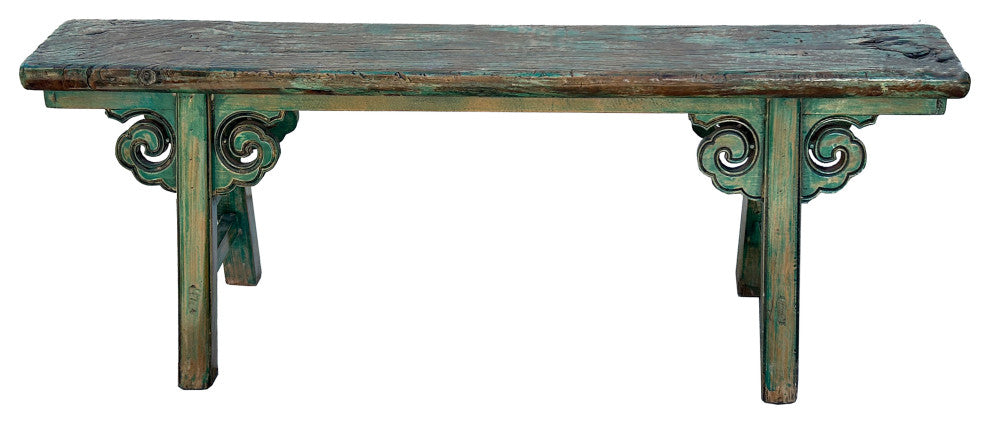 Distressed Brown Green Blue Village Slim Narrow Scroll Apron Wood Bench