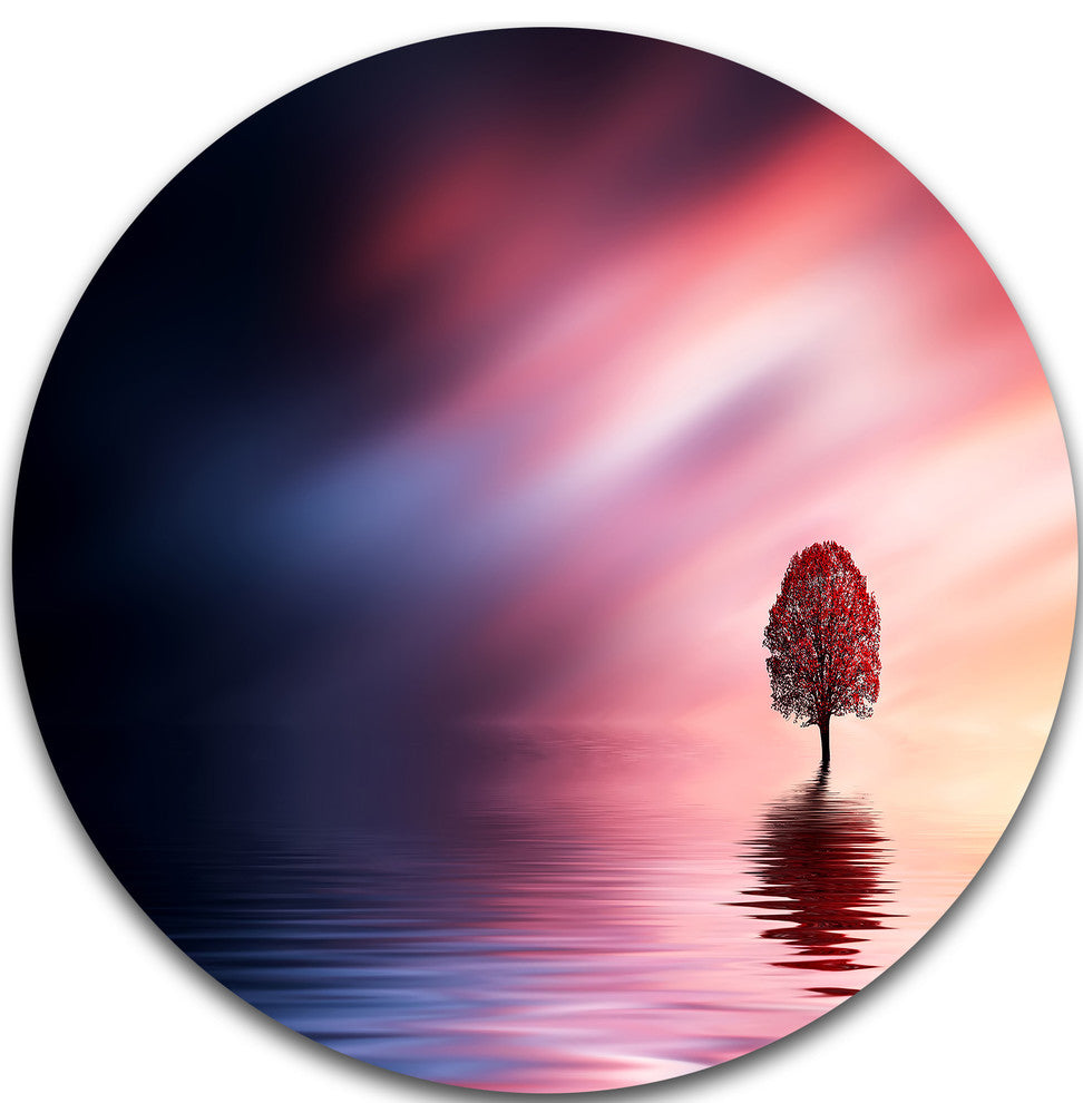 Astonishing Lonely Tree With Birds, Disc Metal Artwork Landscape, 23"