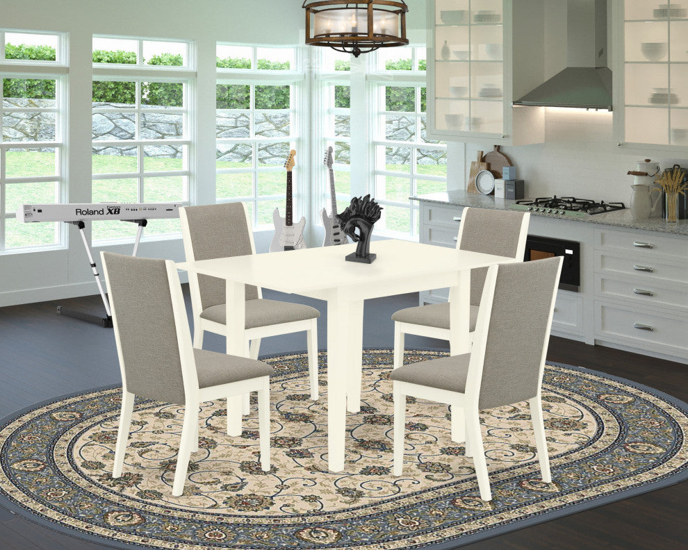 5Pc Kitchen Set 4 Chairs, Drops Leaf Table Solid Wood Structure, Linen White