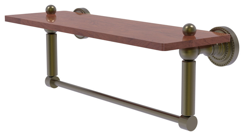 Dottingham 16" Solid Wood Shelf with Towel Bar, Antique Brass
