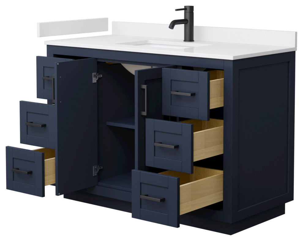 48" Single Bath Vanity Dark Blue, White Cult.Marble Countertop, Sink, Black Trim
