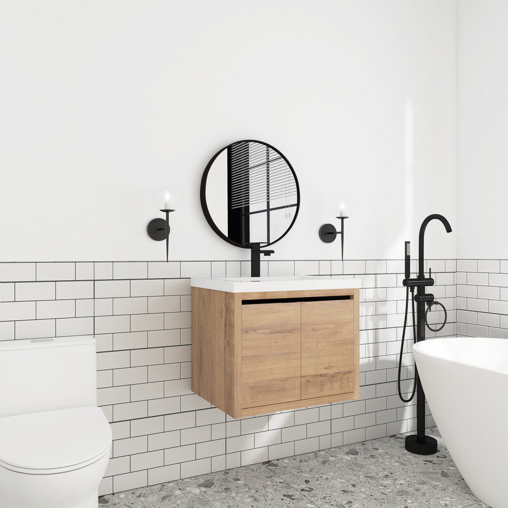 Bathroom Vanity With White Resin Top and Basin, Imitative Oak, 24x18