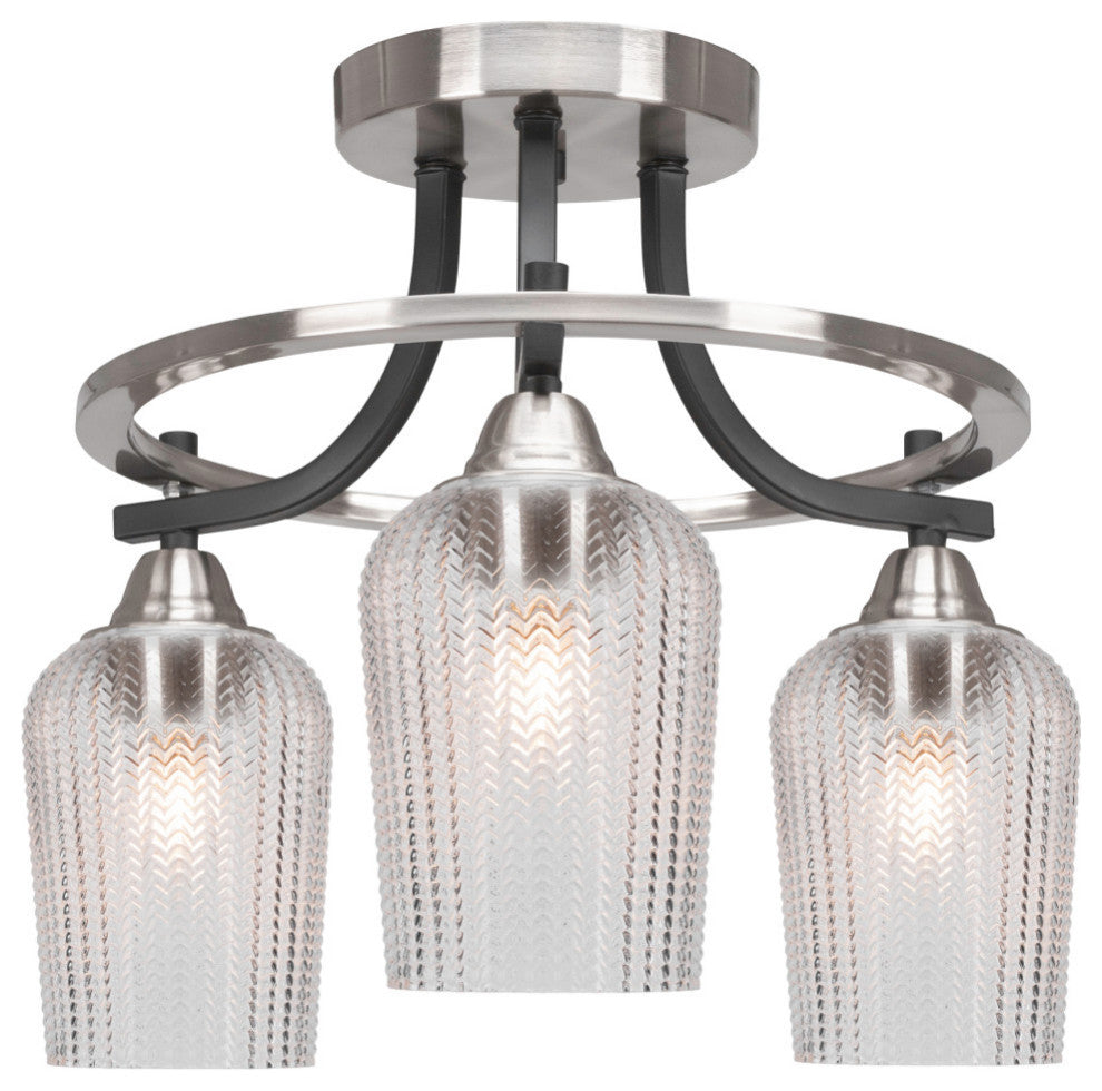 Paramount 3-Light Semi-Flush, Matte Black & Brushed Nickel, 5" Clear Textured