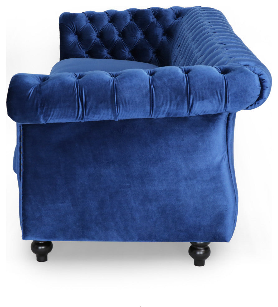 GDF Studio Vita Chesterfield Tufted Jewel Toned Velvet Sofa With Scroll Arms, Navy Blue