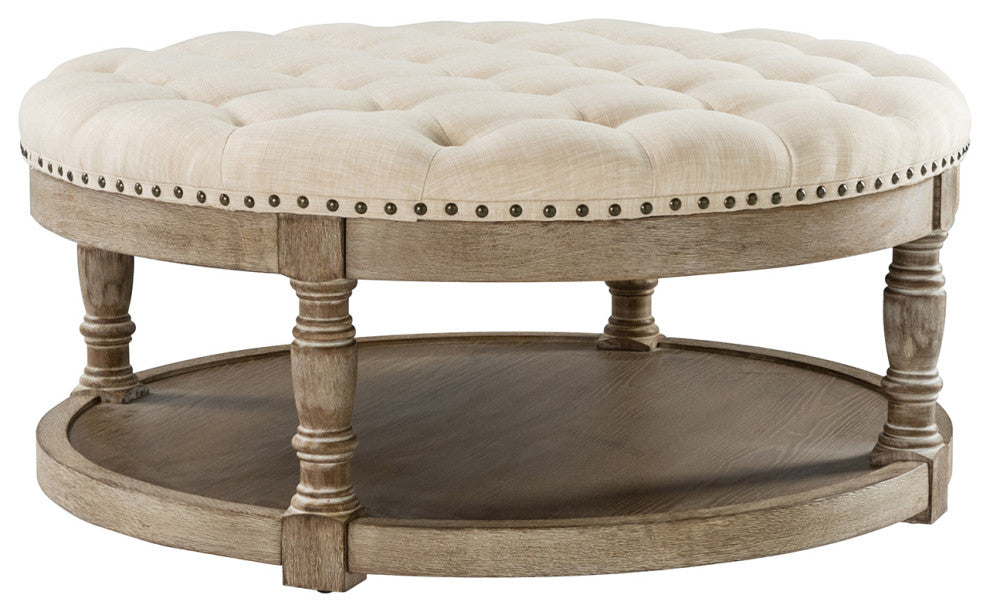 36" Wide Tufted Round Cocktail Ottoman With Storage, Linen