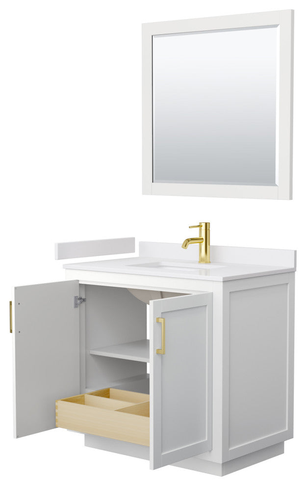 36"SGL Vanity White, White Cult. Marble Countertop, Sink, Gold Trim, 34"Mirror