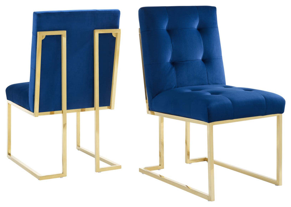 Side Dining Chair, Set of 2, Velvet, Metal, Gold Blue Navy, Modern, Cafe Bistro