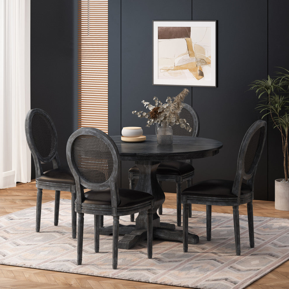 Mores French Country Upholstered Wood and Rattan 5-Piece Circular Dining Set, Gray/Midnight Black, Pu