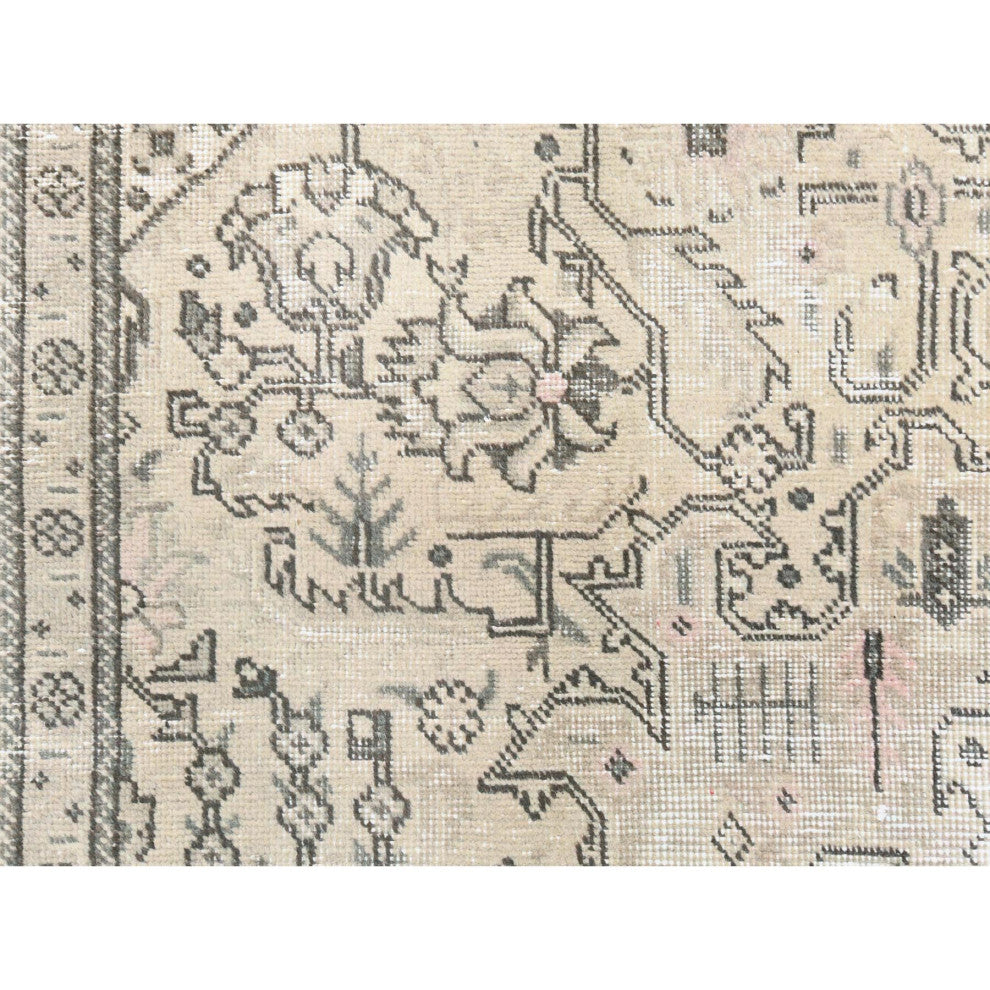 Worn Wool Hand Knotted Ivory Vintage White Wash Persian Tabriz Rug, 6'3" x 9'0"