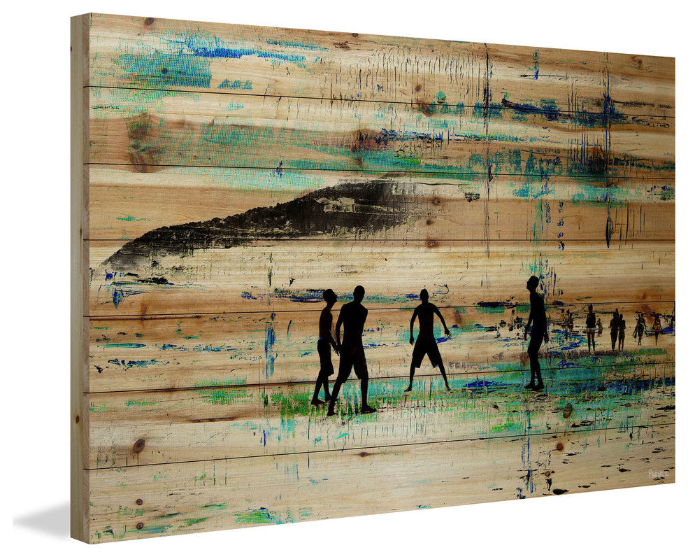 "Evening Beach Green" Painting Print on Natural Pine Wood, 60"x40"