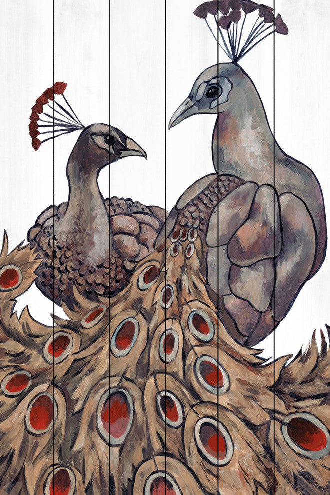 "Peacock Partner II" Painting Print on White Wood, 16"x24"