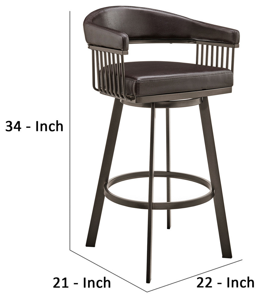 Benzara BM270140 Swivel Barstool With Open Metal Frame and Slatted Arms, Brown