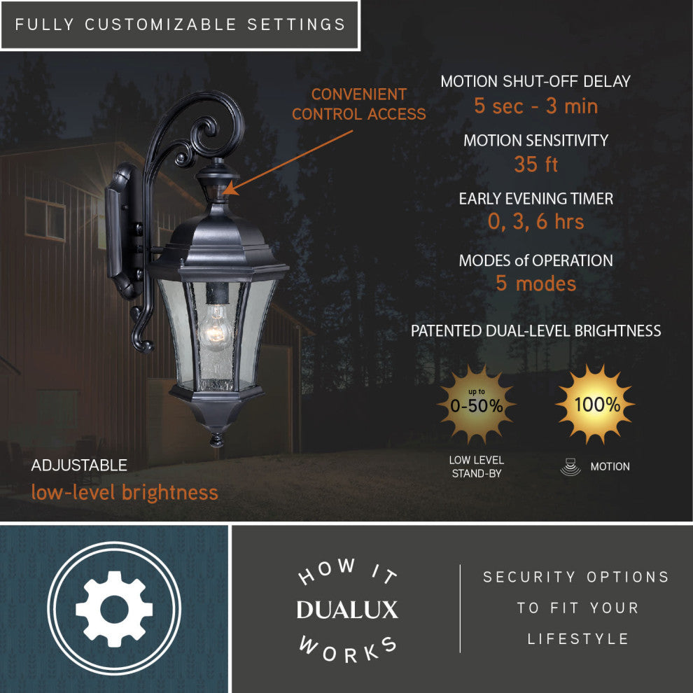 Aberdeen Motion Sensor Dusk to Dawn Outdoor Wall Light Shiny Black