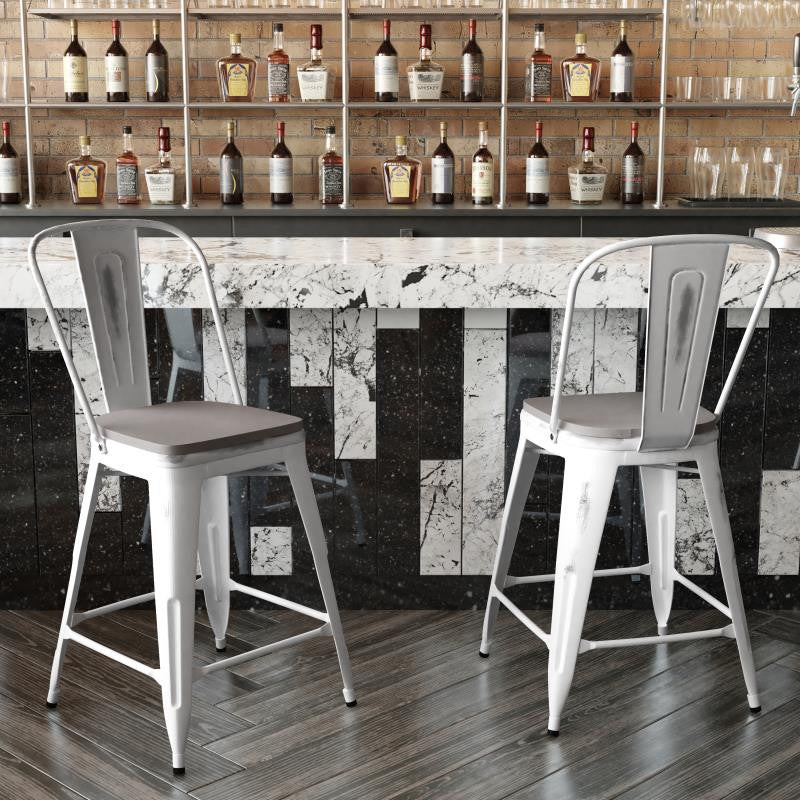 Carly Commercial Grade 24" High Metal Indoor-Outdoor Counter Height Stool, White/Gray