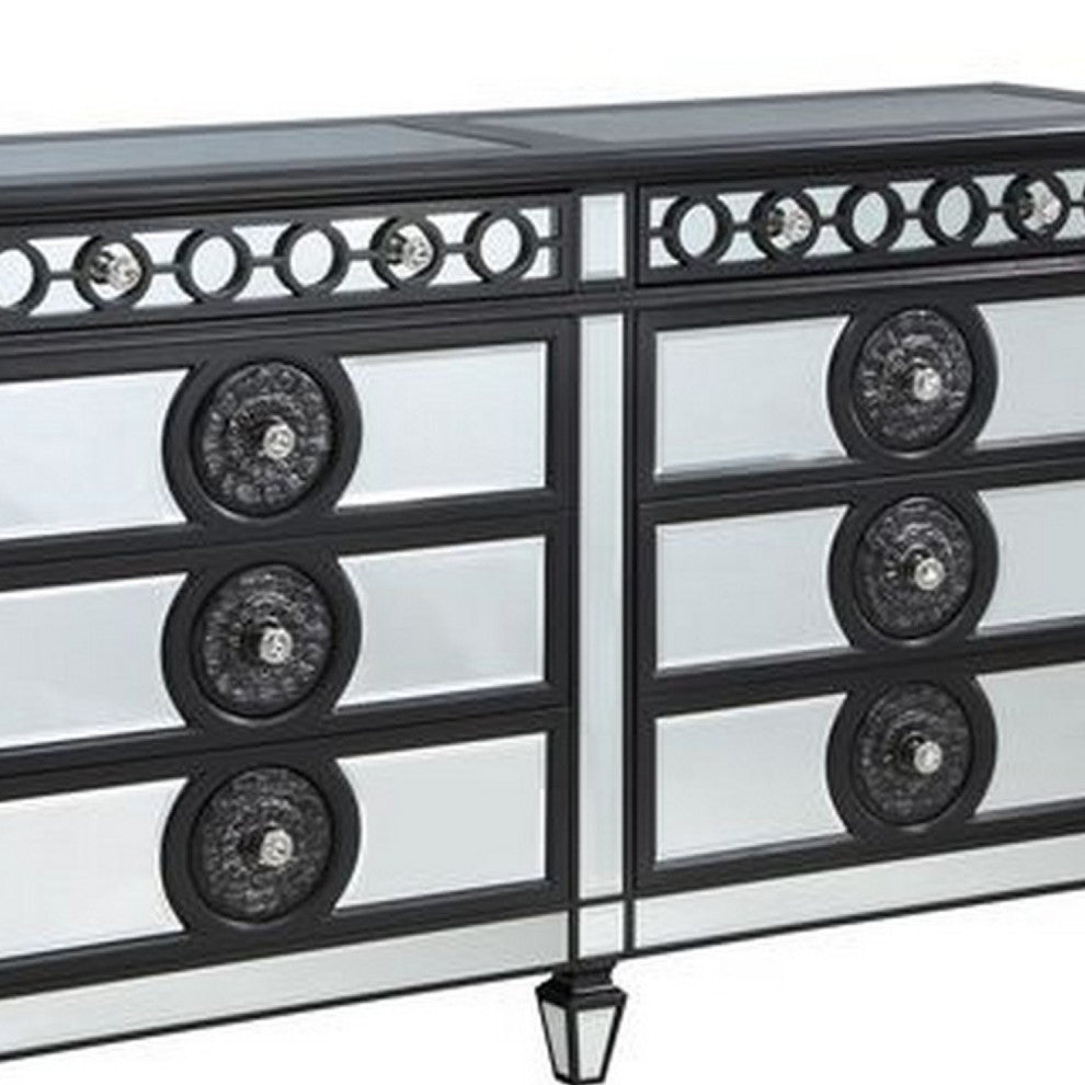 Benzara BM275057 8 Drawer Dresser With Mirror Trim & Sunburst, Black/Silver