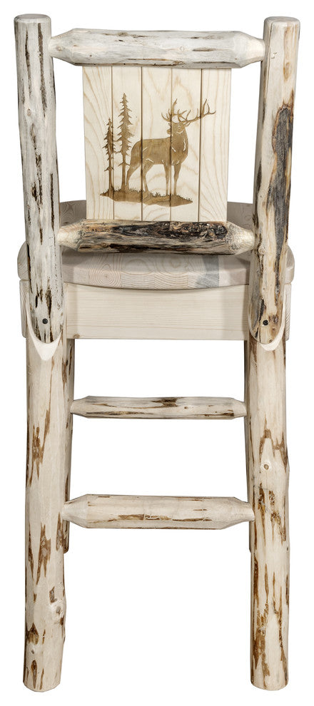 Montana Barstool With Back, With Laser Engraved Elk Design, Clear Lacquer Finish