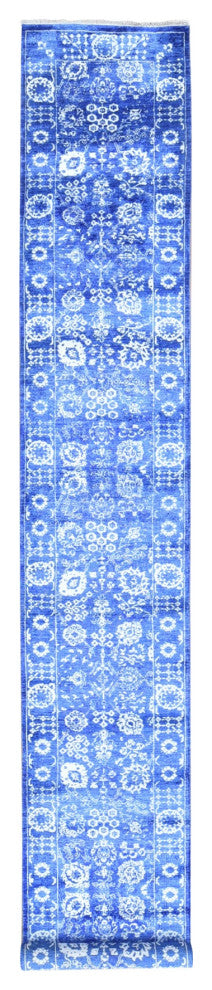 Blue Tone on Tone Tabriz Wool and Silk Hand Knotted XL Runner Rug, 2'6"x16'10"