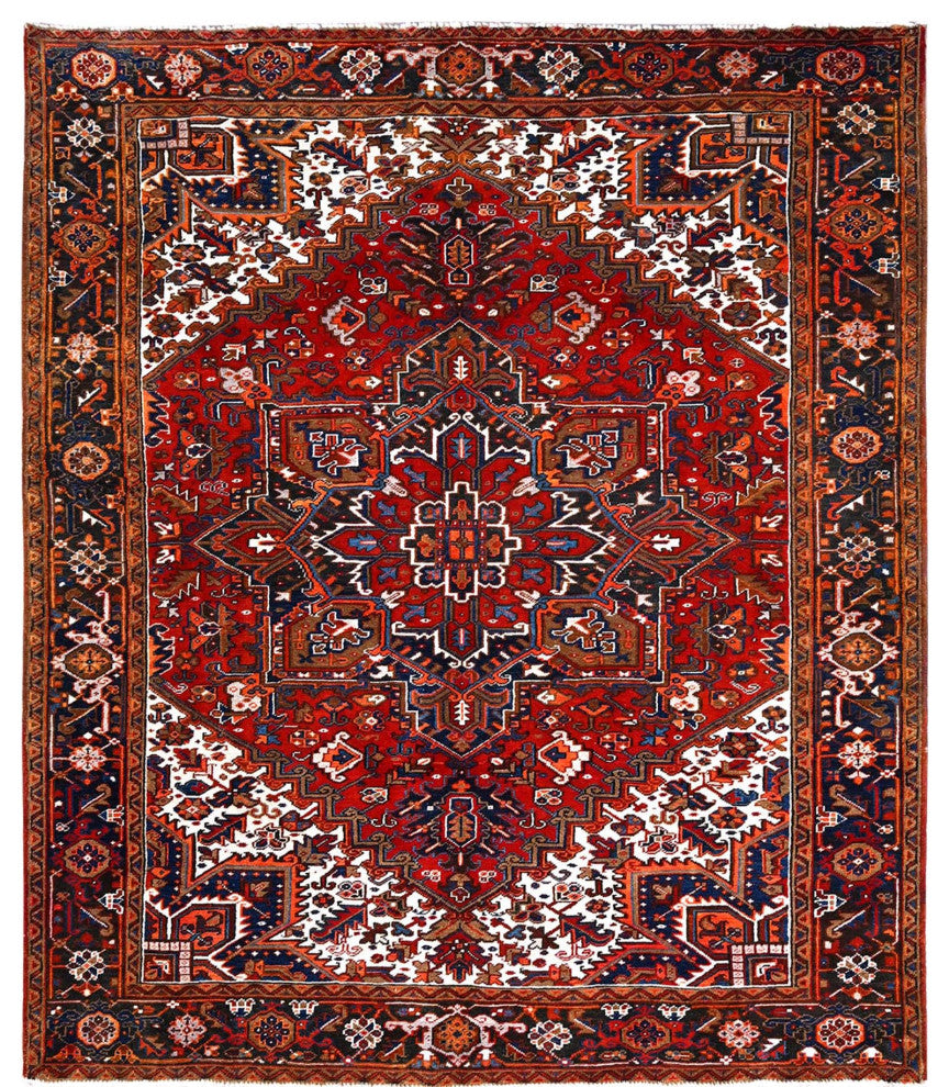 Chili Red Worn Wool Hand Knotted Vintage Persian Heriz Oriental Rug 7'5"x8'10"