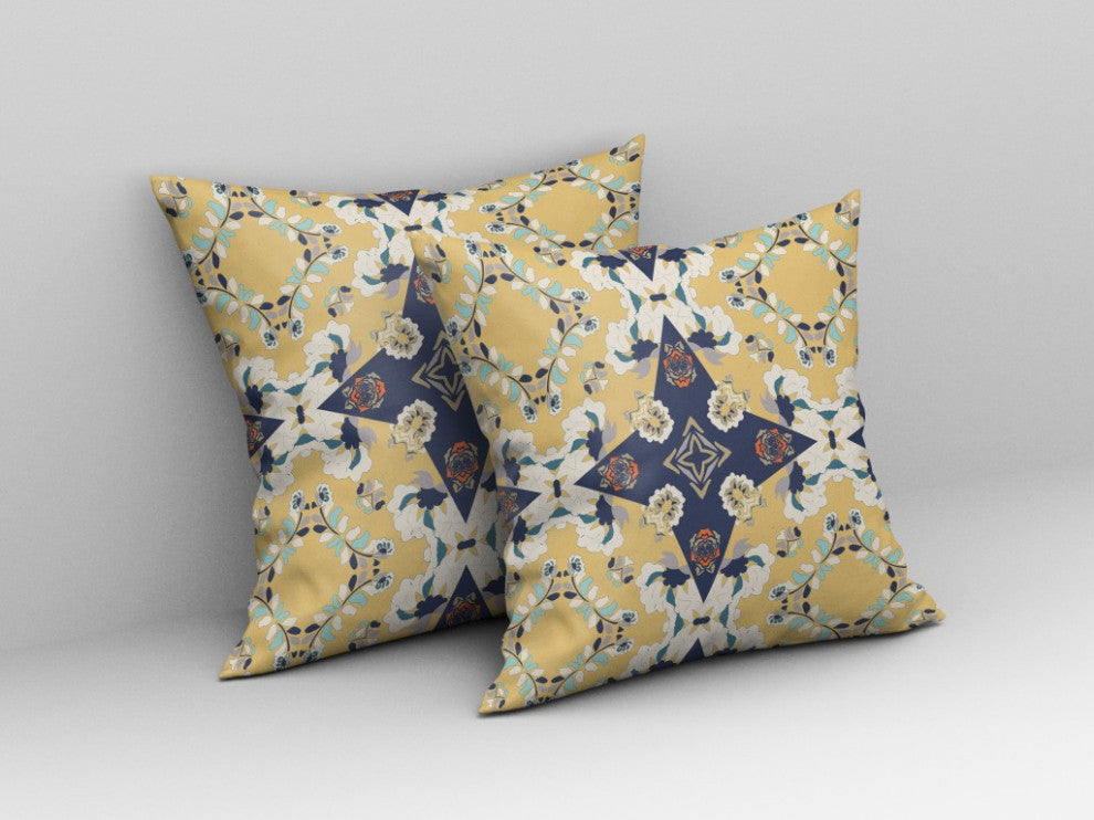 18" Yellow Navy Diamond Star Indoor Outdoor Zippered Throw Pillow
