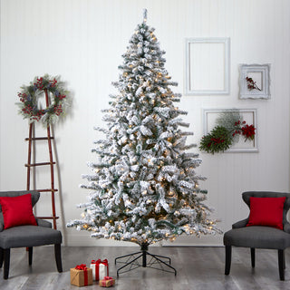 9' Flocked Rock Springs Spruce Xmas Tree W/ 650 LED Lights & Bendable Branches
