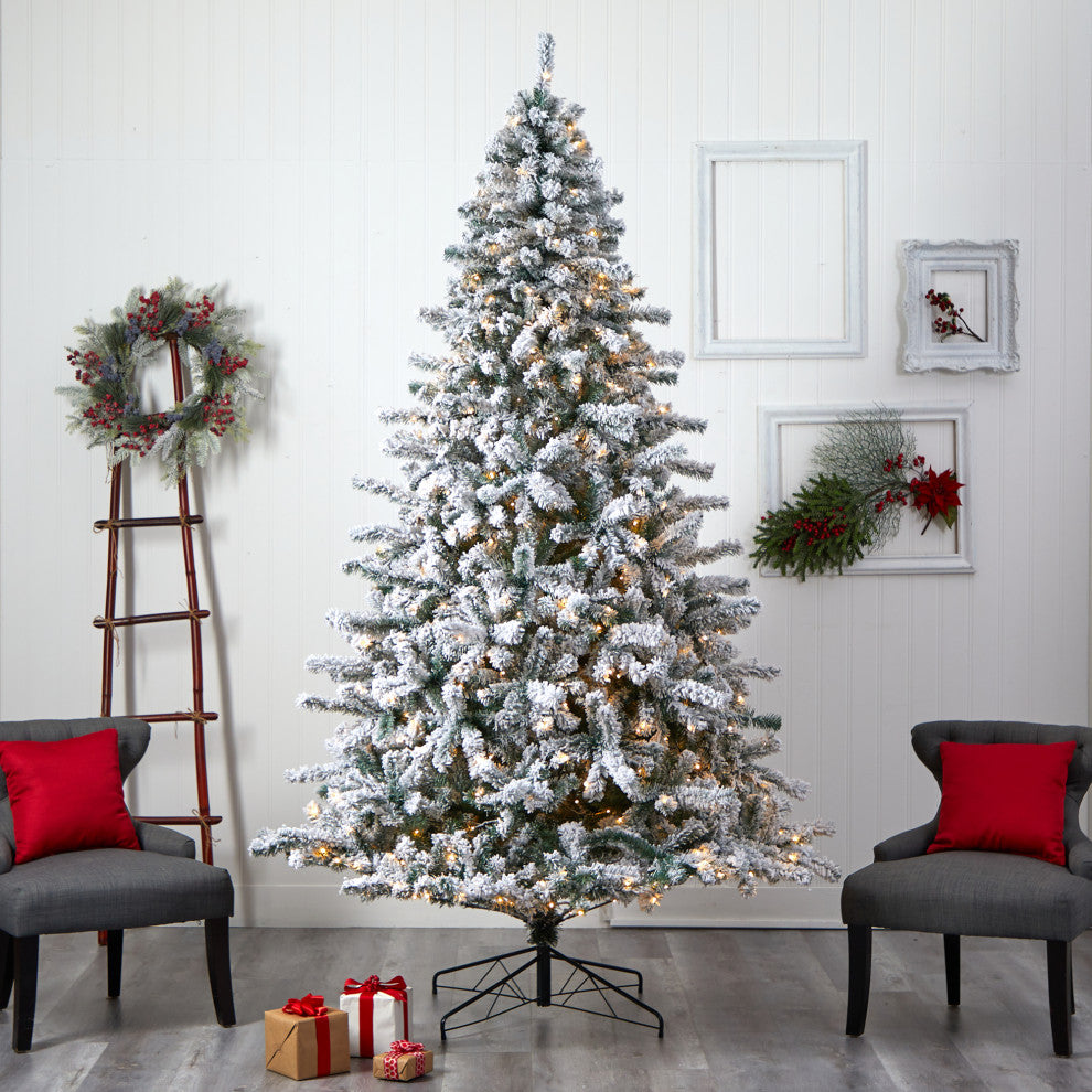 9' Flocked Rock Springs Spruce Xmas Tree W/ 650 LED Lights & Bendable Branches