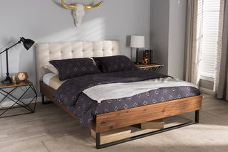 Mitchell Walnut Wood Beige Fabric Dark Bronze Metal Full Platform Bed