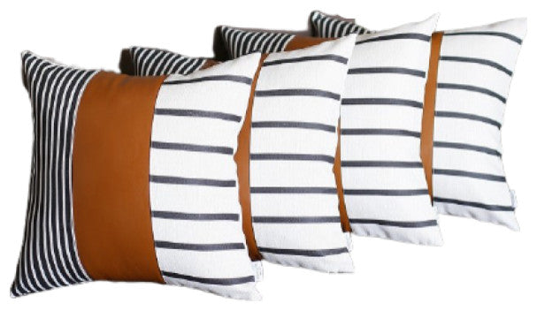 Set of 4 Blue and White Stripes With Faux Leather Pillow Covers